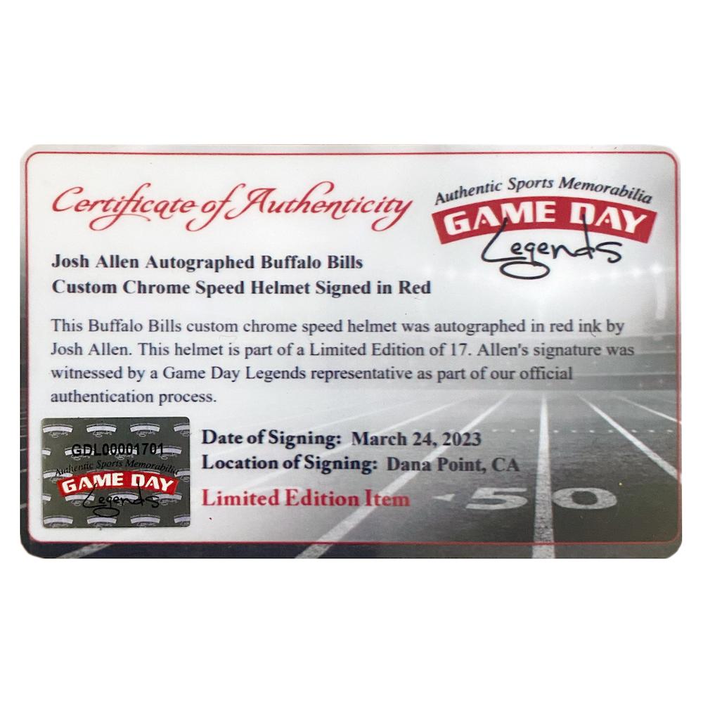 Josh Allen Signed LE Bills Full-Size Authentic On-Field Chrome Speed Helmet (Beckett & Game Day Legends) at PristineAuction.com Josh Allen Signed LE Bills Full-Size Authentic On-Field Chrome Speed Helmet (Beckett & Game Day Legends) at PristineAuction.com