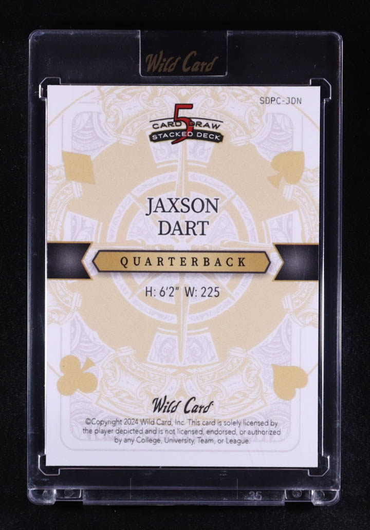 Jaxson Dart 2024 Wild Card 5 Card Draw Stacked Deck Queen of Clubs Platinum Blue Rainbow Foil #SDPC-JDN #1/1 RC at PristineAuction.com Jaxson Dart 2024 Wild Card 5 Card Draw Stacked Deck Queen of Clubs Platinum Blue Rainbow Foil #SDPC-JDN #1/1 RC at PristineAuction.com