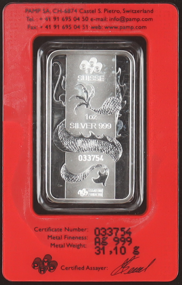 2012 Pamp Suisse 1oz Year of the Dragon .999 Fine Silver Bar at PristineAuction.com 2012 Pamp Suisse 1oz Year of the Dragon .999 Fine Silver Bar at PristineAuction.com