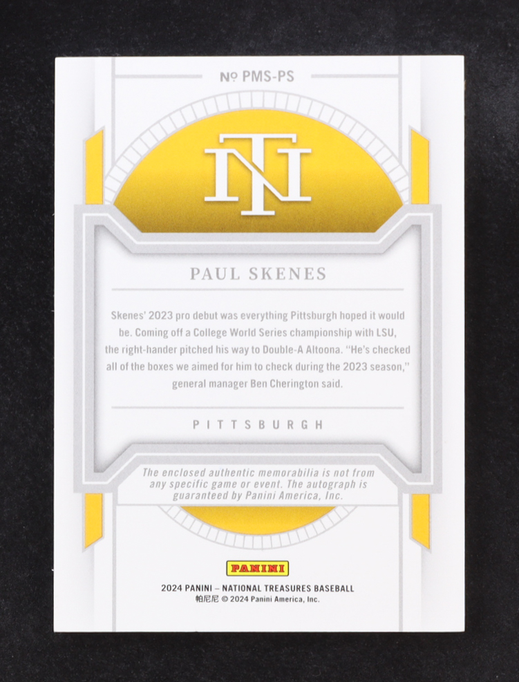 Paul Skenes 2024 Panini National Treasures Prospect Material Signatures #42 RC #80/99 at PristineAuction.com Paul Skenes 2024 Panini National Treasures Prospect Material Signatures #42 RC #80/99 at PristineAuction.com