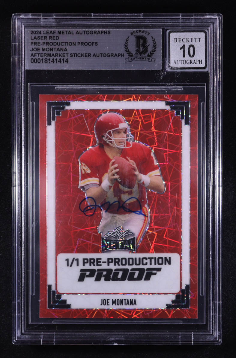 Joe Montana Signed Sticker On 2024 Leaf Metal Autographs Pre-Production Proof Laser Red #NNO #1/1 (BGS | Auto 10) at PristineAuction.com Joe Montana Signed Sticker On 2024 Leaf Metal Autographs Pre-Production Proof Laser Red #NNO #1/1 (BGS | Auto 10) at PristineAuction.com