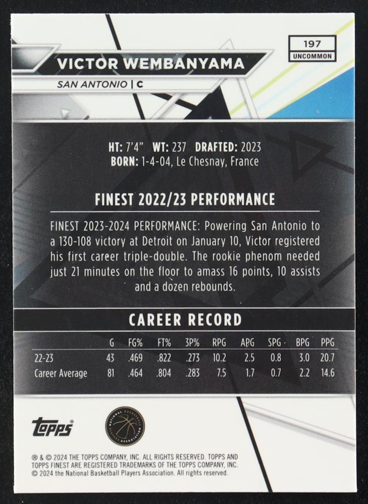 Victor Wembanyama 2023-24 Finest #197 UC RC at PristineAuction.com Victor Wembanyama 2023-24 Finest #197 UC RC at PristineAuction.com