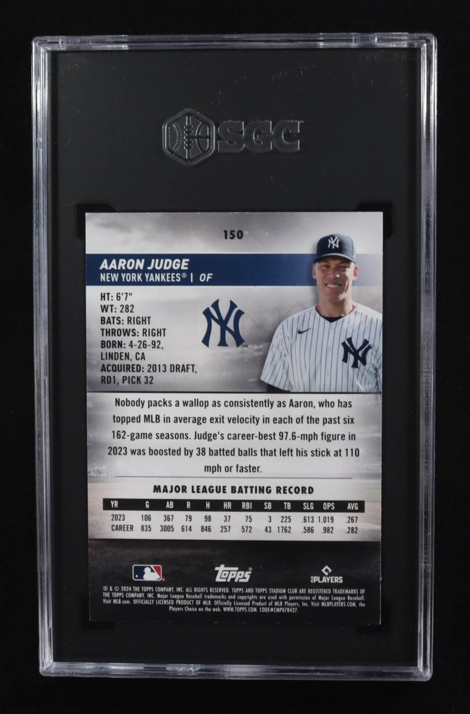 Aaron Judge 2024 Stadium Club Pink Foil #150 (SGC 9) at PristineAuction.com Aaron Judge 2024 Stadium Club Pink Foil #150 (SGC 9) at PristineAuction.com