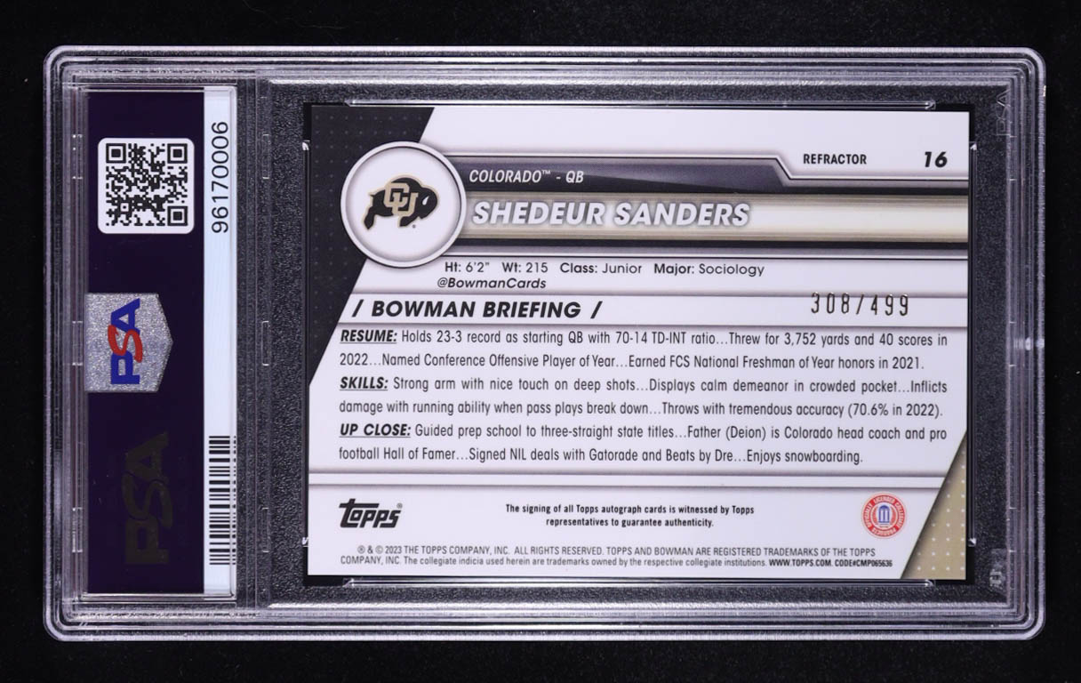Shedeur Sanders 2023 Bowman Chrome University Autographs Refractors #16 #308/499 RC (PSA 10) at PristineAuction.com Shedeur Sanders 2023 Bowman Chrome University Autographs Refractors #16 #308/499 RC (PSA 10) at PristineAuction.com