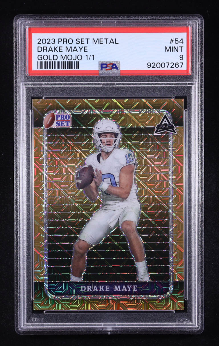 Drake Maye 2023 Leaf Pro Set Metal Mojo Gold #54 #1/1 RC (PSA 9) at PristineAuction.com Drake Maye 2023 Leaf Pro Set Metal Mojo Gold #54 #1/1 RC (PSA 9) at PristineAuction.com