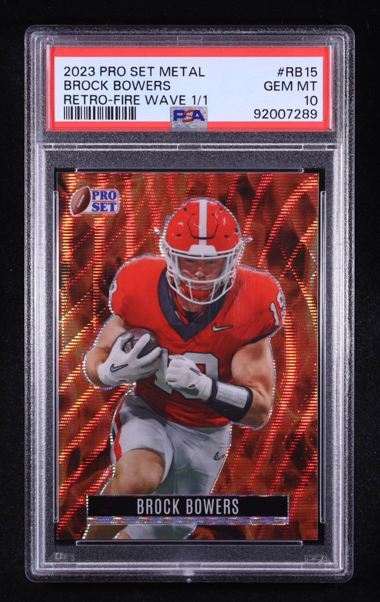 Brock Bowers 2023 Leaf Pro Set Metal Retro Fire Wave #RB-15 #1/1 RC (PSA 10) at PristineAuction.com Brock Bowers 2023 Leaf Pro Set Metal Retro Fire Wave #RB-15 #1/1 RC (PSA 10) at PristineAuction.com