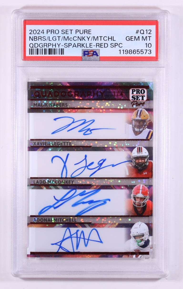 Malik Nabers / Xavier Legette / Ladd McConkey / Adonai Mitchell 2024 Pro Set Pure Quadography Sparkle Red Spectrum #Q12 #1/4 RC (PSA 10) at PristineAuction.com Malik Nabers / Xavier Legette / Ladd McConkey / Adonai Mitchell 2024 Pro Set Pure Quadography Sparkle Red Spectrum #Q12 #1/4 RC (PSA 10) at PristineAuction.com