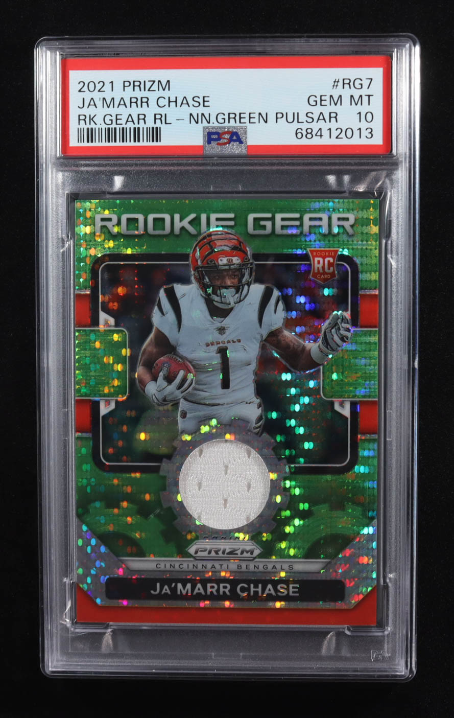 Ja'Marr Chase 2021 Panini Prizm Rookie Gear Neon Green Pulsar #7 RC (PSA 10) at PristineAuction.com Ja'Marr Chase 2021 Panini Prizm Rookie Gear Neon Green Pulsar #7 RC (PSA 10) at PristineAuction.com