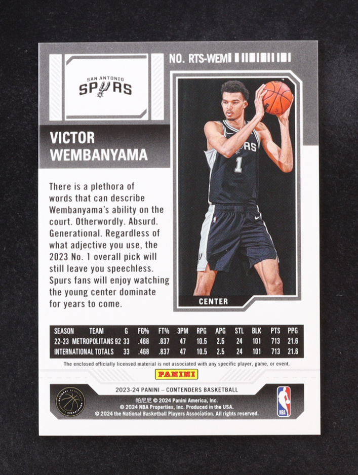Victor Wembanyama 2023-24 Panini Contenders Rookie Ticket Swatches #6 RC at PristineAuction.com Victor Wembanyama 2023-24 Panini Contenders Rookie Ticket Swatches #6 RC at PristineAuction.com