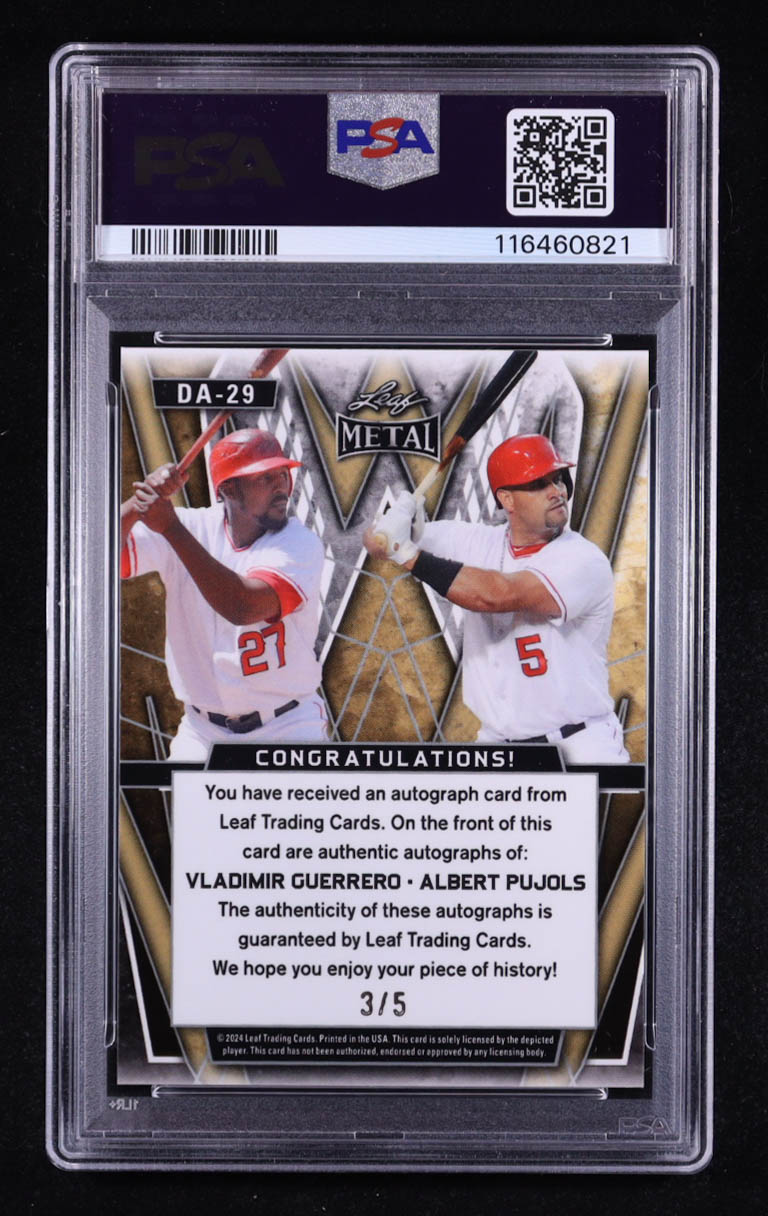 Vladimir Guerrero / Albert Pujols 2024 Leaf Metal Dual Auto Prismatic Black #DA29 #3/5 (PSA 9) at PristineAuction.com Vladimir Guerrero / Albert Pujols 2024 Leaf Metal Dual Auto Prismatic Black #DA29 #3/5 (PSA 9) at PristineAuction.com