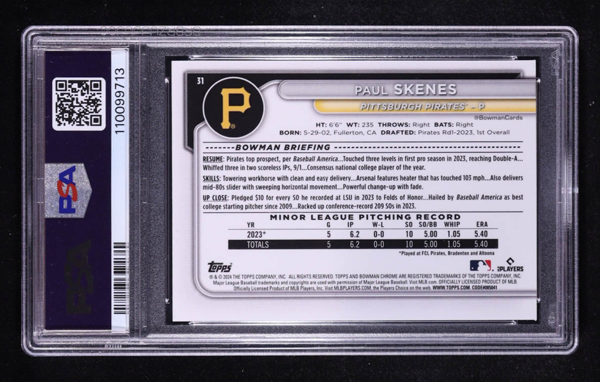 Paul Skenes 2024 Bowman Chrome #31 RC (PSA 9) at PristineAuction.com Paul Skenes 2024 Bowman Chrome #31 RC (PSA 9) at PristineAuction.com