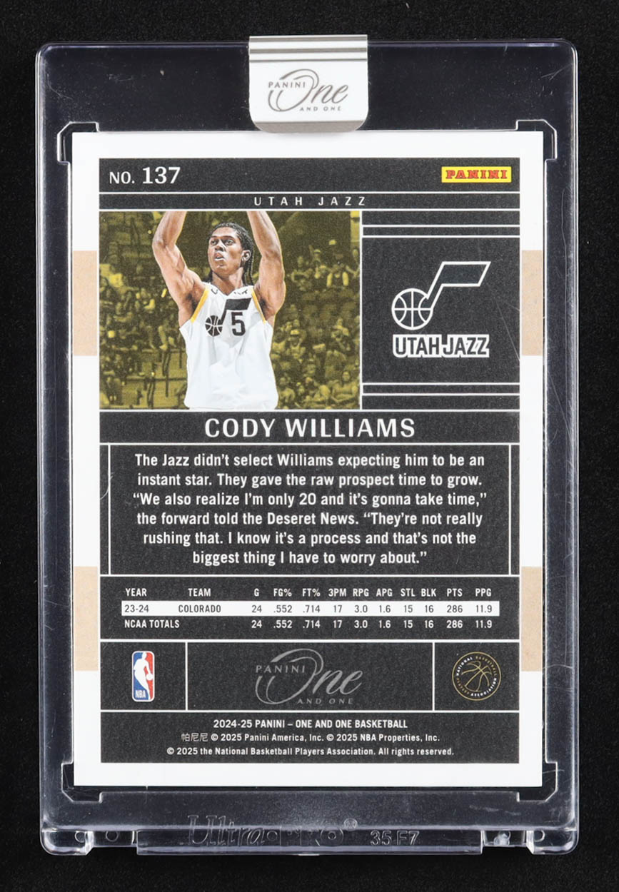 Cody Williams 2024-25 Panini One and One Blue #137 #18/35 RC at PristineAuction.com Cody Williams 2024-25 Panini One and One Blue #137 #18/35 RC at PristineAuction.com