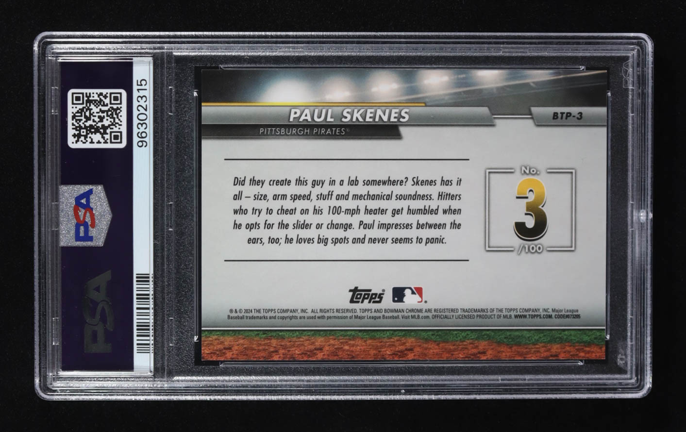 Paul Skenes 2024 Bowman Chrome Scouts Top 100 Aqua Refractors #BTP3 RC #014/125 (PSA 10) at PristineAuction.com Paul Skenes 2024 Bowman Chrome Scouts Top 100 Aqua Refractors #BTP3 RC #014/125 (PSA 10) at PristineAuction.com