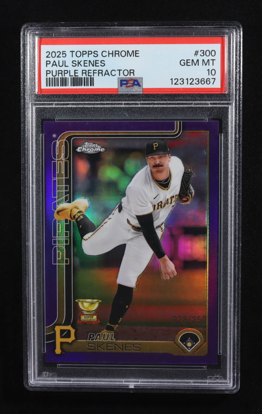 Paul Skenes 2025 Topps Chrome Purple Refractors #300 #028/250 (PSA 10) at PristineAuction.com Paul Skenes 2025 Topps Chrome Purple Refractors #300 #028/250 (PSA 10) at PristineAuction.com