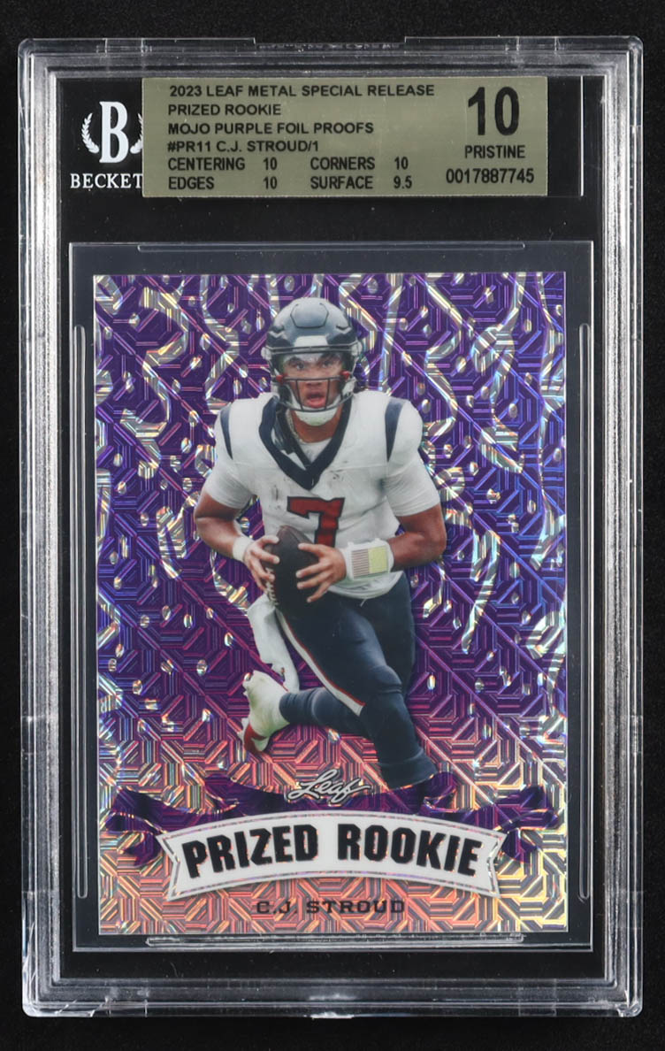 CJ Stroud 2023 Leaf Metal Special Release Prized Rookie Mojo Purple Foil Proofs #PR11 #1/1 RC (BGS 10) at PristineAuction.com CJ Stroud 2023 Leaf Metal Special Release Prized Rookie Mojo Purple Foil Proofs #PR11 #1/1 RC (BGS 10) at PristineAuction.com
