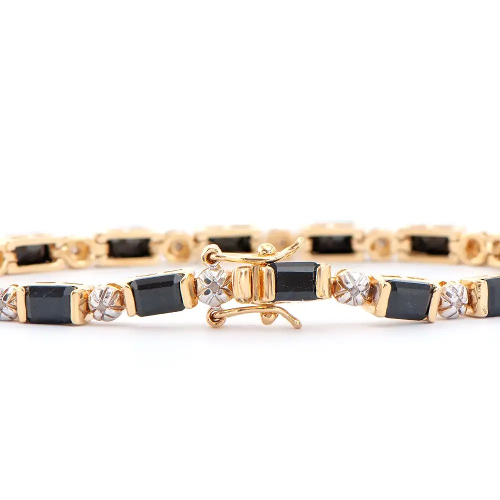 12.17 CTW Black Sapphire & Diamond 18K Gold Plated Designer Bracelet Size 7.5 Inches| Estimated Retail Value: $2,189 (AMG) at PristineAuction.com 12.17 CTW Black Sapphire & Diamond 18K Gold Plated Designer Bracelet Size 7.5 Inches| Estimated Retail Value: $2,189 (AMG) at PristineAuction.com