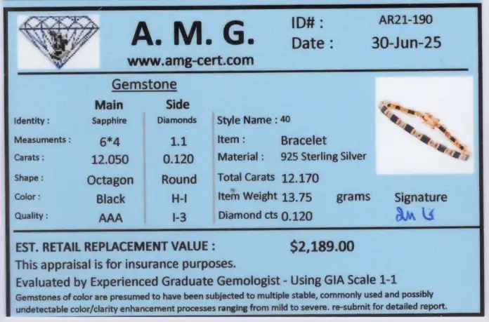 12.17 CTW Black Sapphire & Diamond 18K Gold Plated Designer Bracelet Size 7.5 Inches| Estimated Retail Value: $2,189 (AMG) at PristineAuction.com 12.17 CTW Black Sapphire & Diamond 18K Gold Plated Designer Bracelet Size 7.5 Inches| Estimated Retail Value: $2,189 (AMG) at PristineAuction.com