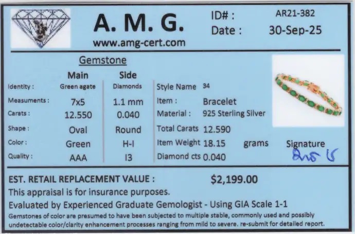 12.59 CTW Green Agate & Diamonds 18K Gold Plated Bracelet Size 7.9 Inches| Estimated Retail Value: $2,199 (AMG) at PristineAuction.com 12.59 CTW Green Agate & Diamonds 18K Gold Plated Bracelet Size 7.9 Inches| Estimated Retail Value: $2,199 (AMG) at PristineAuction.com