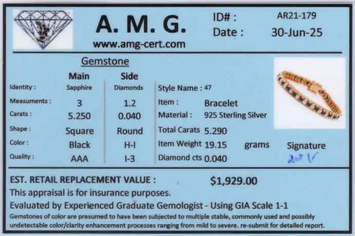 5.29 CTW Black Sapphire & Diamonds 18K Gold Plated Designer Bracelet Size 7.7 Inches| Estimated Retail Value: $1,929 (AMG) at PristineAuction.com 5.29 CTW Black Sapphire & Diamonds 18K Gold Plated Designer Bracelet Size 7.7 Inches| Estimated Retail Value: $1,929 (AMG) at PristineAuction.com