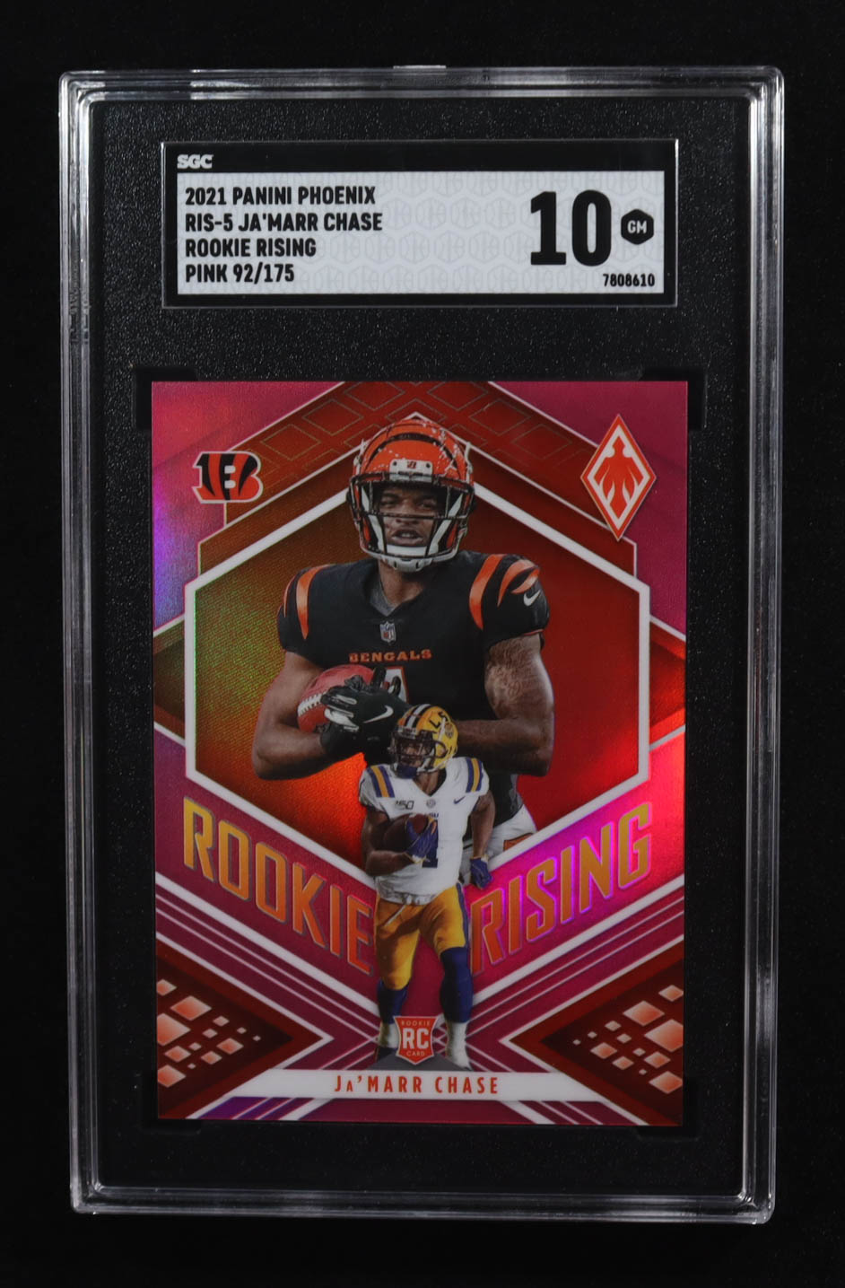 Ja'Marr Chase 2021 Panini Phoenix Rookie Rising Pink #5 RC #092/175 (SGC 10) at PristineAuction.com Ja'Marr Chase 2021 Panini Phoenix Rookie Rising Pink #5 RC #092/175 (SGC 10) at PristineAuction.com