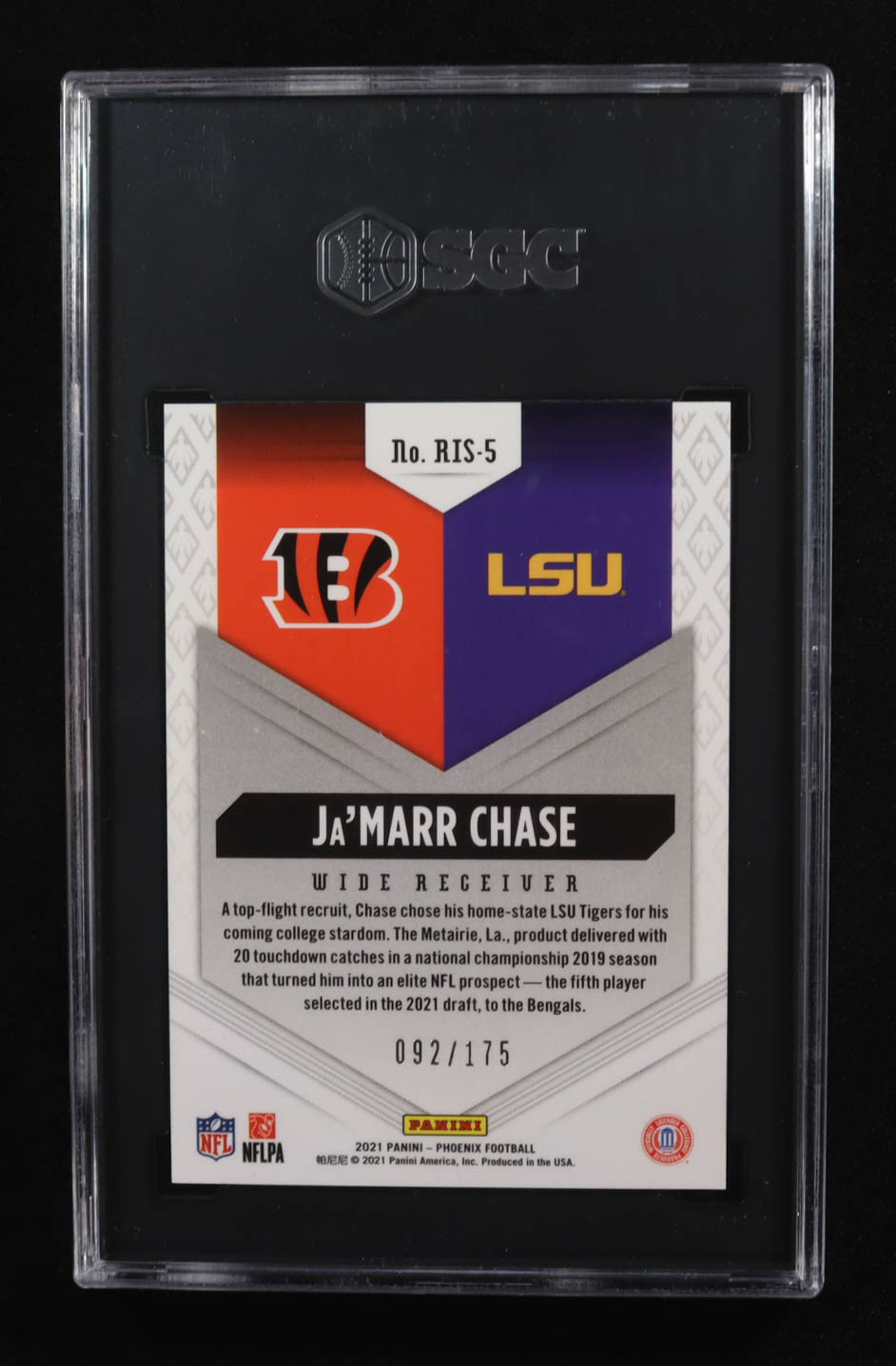 Ja'Marr Chase 2021 Panini Phoenix Rookie Rising Pink #5 RC #092/175 (SGC 10) at PristineAuction.com Ja'Marr Chase 2021 Panini Phoenix Rookie Rising Pink #5 RC #092/175 (SGC 10) at PristineAuction.com