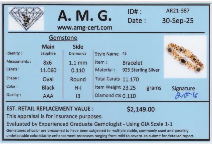 11.17 CTW Black Sapphire & Diamonds 18K Gold Plated Designer Bracelet Size 7.6 Inches| Estimated Retail Value: $2,149 (AMG) at PristineAuction.com 11.17 CTW Black Sapphire & Diamonds 18K Gold Plated Designer Bracelet Size 7.6 Inches| Estimated Retail Value: $2,149 (AMG) at PristineAuction.com
