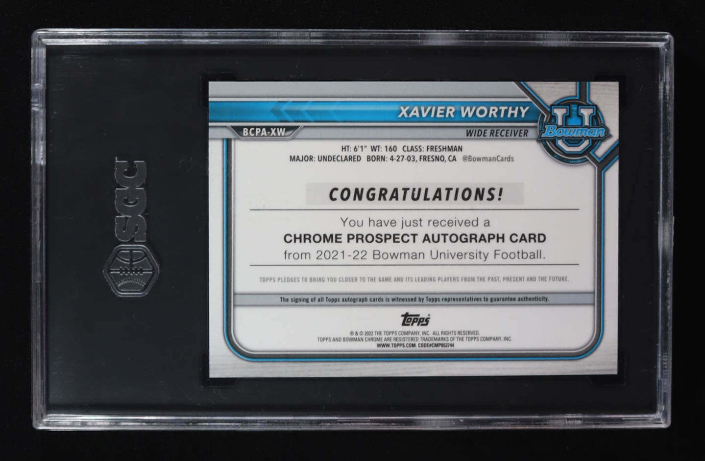 Xavier Worthy 2022 Bowman University Chrome Autographs #BCPAXW RC (SGC 10 | Autograph Graded 10) at PristineAuction.com Xavier Worthy 2022 Bowman University Chrome Autographs #BCPAXW RC (SGC 10 | Autograph Graded 10) at PristineAuction.com