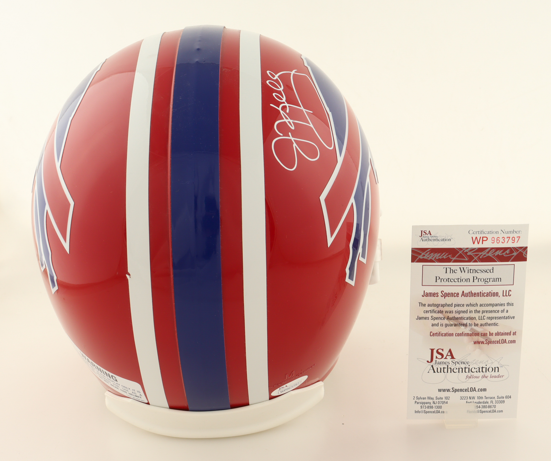 Jim Kelly Signed Bills Full-Size 1992-93 Throwback Alternate Helmet (JSA) at PristineAuction.com Jim Kelly Signed Bills Full-Size 1992-93 Throwback Alternate Helmet (JSA) at PristineAuction.com