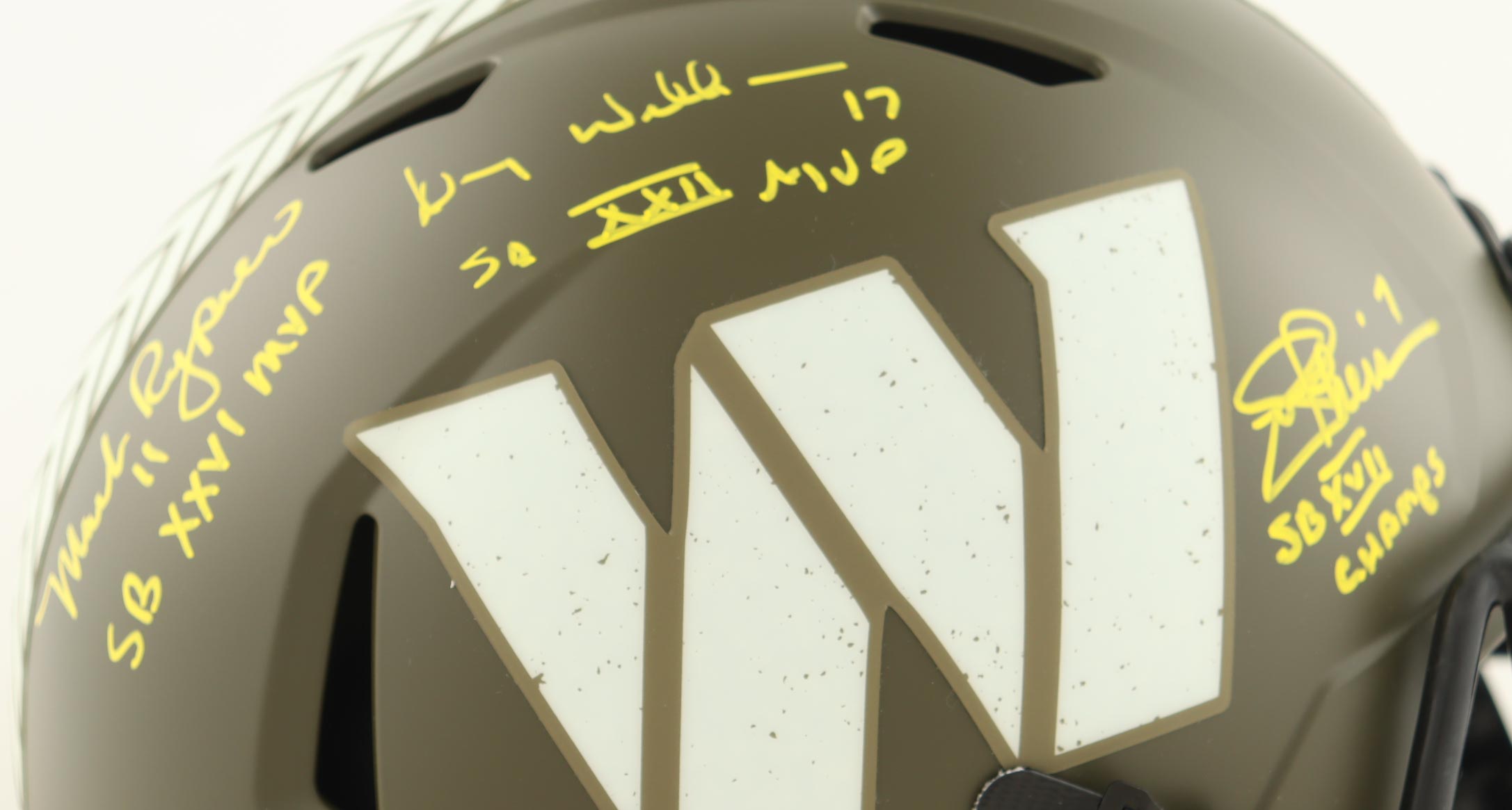 Commanders Full-Size Salute to Service Alternate Speed Helmet Signed By (3) Doug Williams, Joe Theismann, & Mark Rypien Inscribed "SB XXII MVP", "SB XVII Champ" & "SB XXVI MVP" (Beckett) at PristineAuction.com Commanders Full-Size Salute to Service Alternate Speed Helmet Signed By (3) Doug Williams, Joe Theismann, & Mark Rypien Inscribed "SB XXII MVP", "SB XVII Champ" & "SB XXVI MVP" (Beckett) at PristineAuction.com