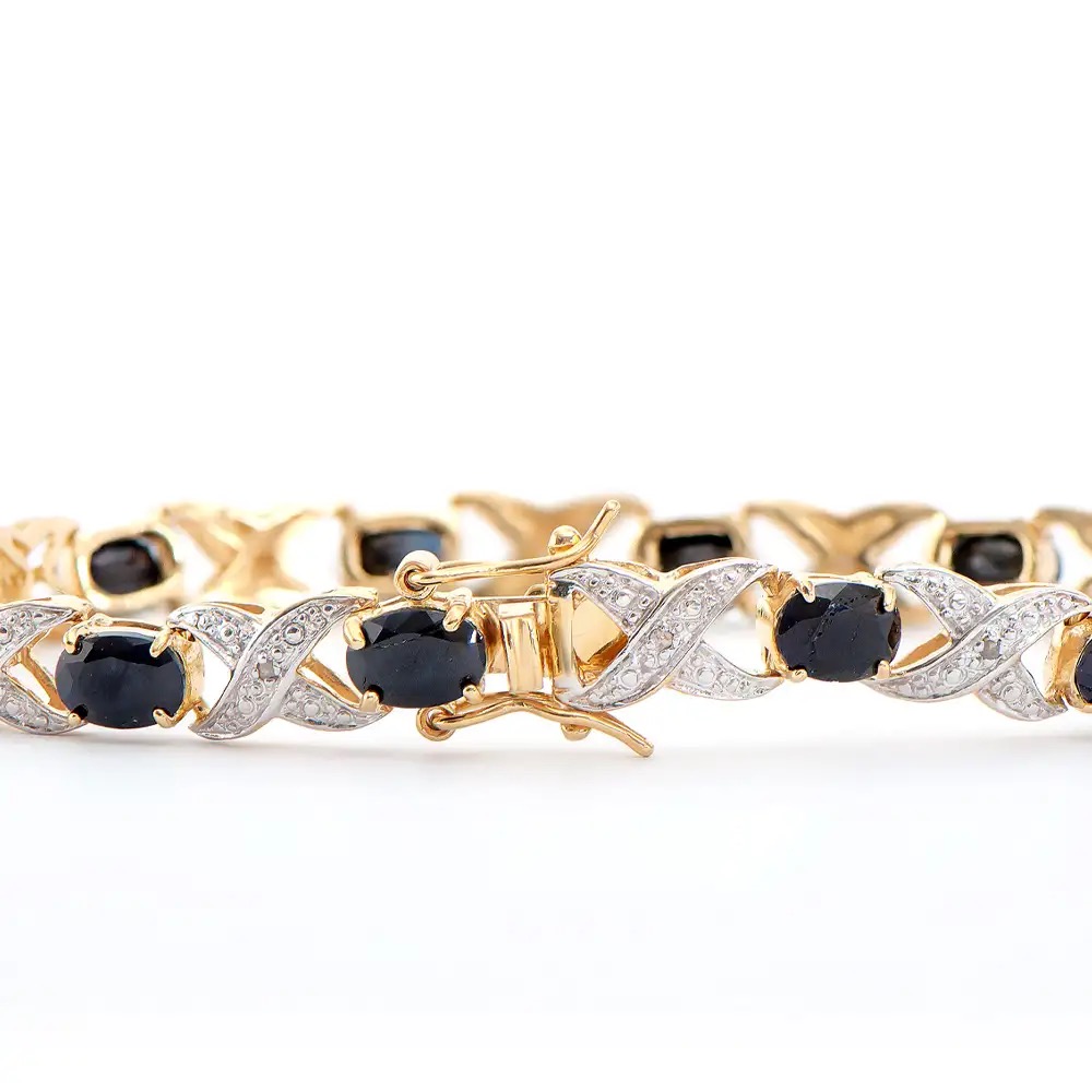 12.34 CTW Sapphire & Diamonds 18K Gold Plated Designer Bracelet Size 7.9 Inches| Estimated Retail Value: $2,199 (AMG) at PristineAuction.com 12.34 CTW Sapphire & Diamonds 18K Gold Plated Designer Bracelet Size 7.9 Inches| Estimated Retail Value: $2,199 (AMG) at PristineAuction.com