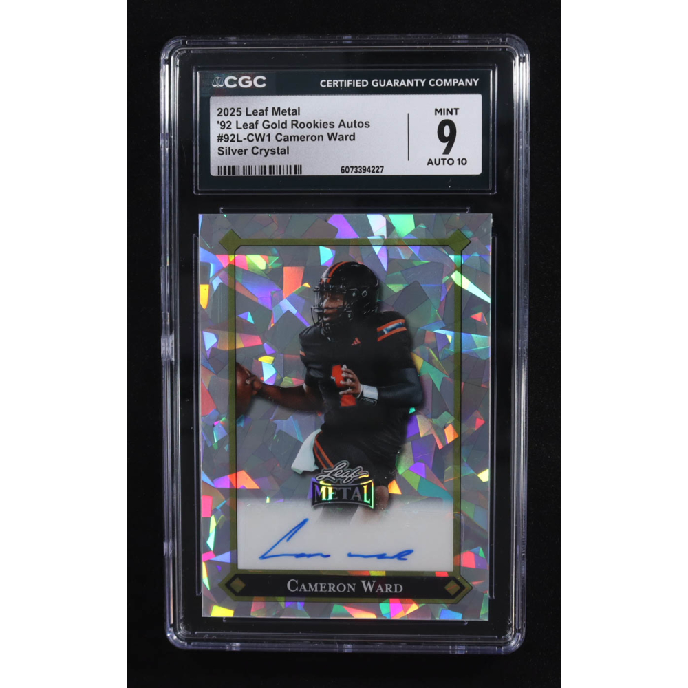 Cam Ward 2025 Leaf Metal '92 Pro Gold Rookies Silver Crystal Autographs #92L-CW1 RC #3/10 (CGC 9 | Autograph Graded 10) at PristineAuction.com