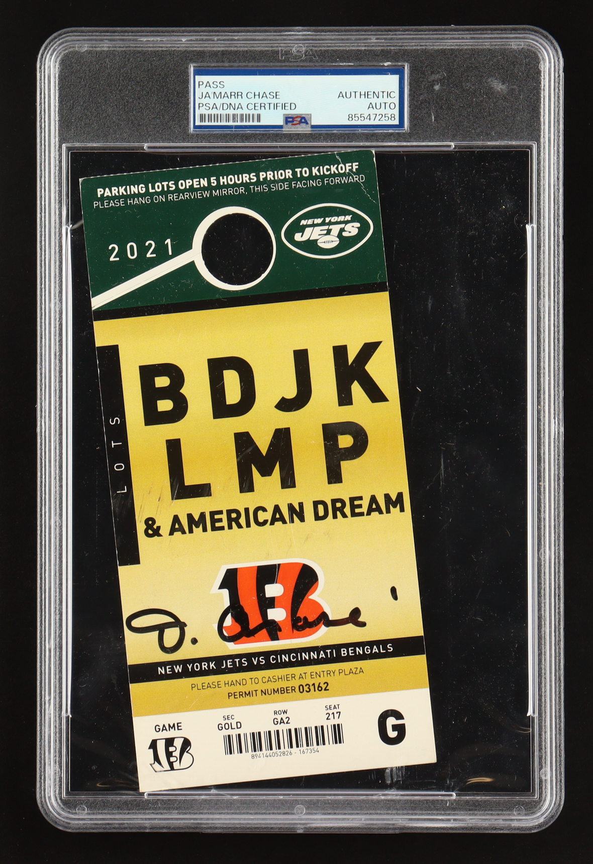 Ja'Marr Chase Signed 2021 Jets Vs Bengals Authentic Parking Pass (PSA) at PristineAuction.com Ja'Marr Chase Signed 2021 Jets Vs Bengals Authentic Parking Pass (PSA) at PristineAuction.com