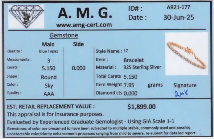 5.15 CTW Blue Topaz 18K Gold Plated Designer Bracelet Size 7.5 Inches | Estimated Retail Value: $1,899 (AMG) at PristineAuction.com 5.15 CTW Blue Topaz 18K Gold Plated Designer Bracelet Size 7.5 Inches | Estimated Retail Value: $1,899 (AMG) at PristineAuction.com
