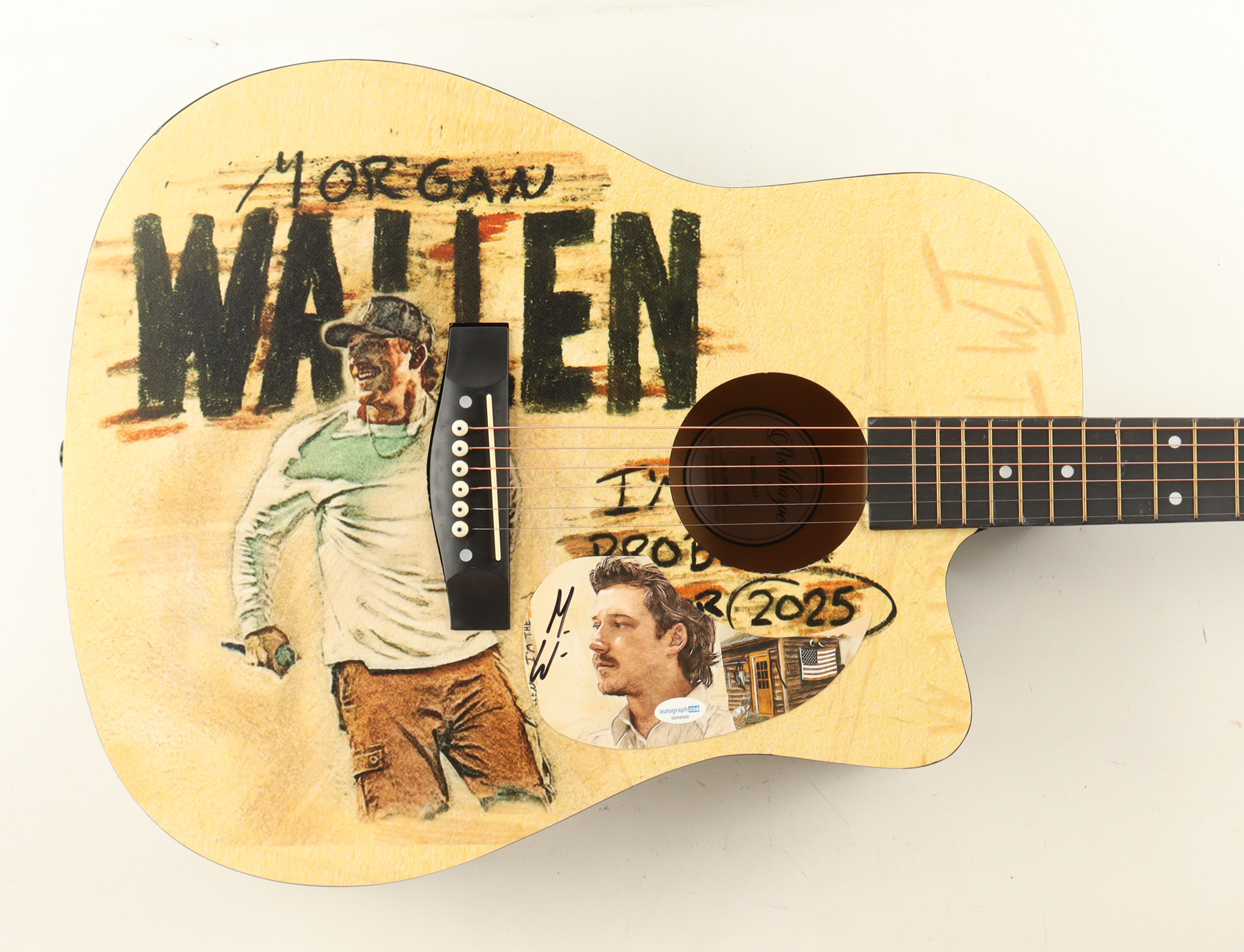 Morgan Wallen Guitar with Signed Custom Insert Pickguard (ACOA) at PristineAuction.com Morgan Wallen Guitar with Signed Custom Insert Pickguard (ACOA) at PristineAuction.com