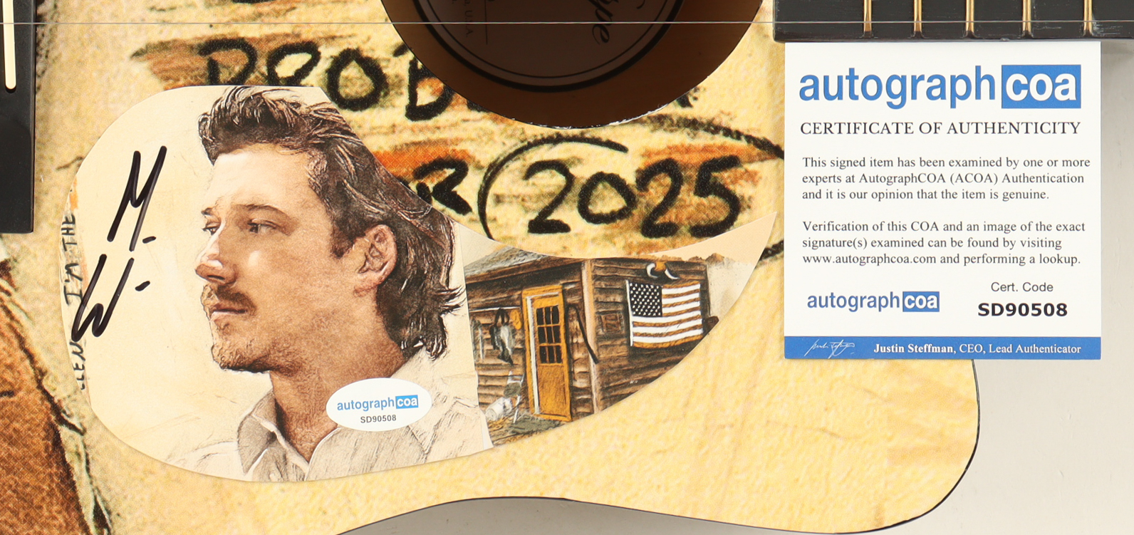 Morgan Wallen Guitar with Signed Custom Insert Pickguard (ACOA) at PristineAuction.com Morgan Wallen Guitar with Signed Custom Insert Pickguard (ACOA) at PristineAuction.com