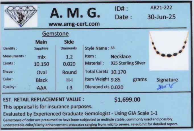 10.17 CTW Black Sapphire & Diamond 18K Gold Plated Designer Necklace Size 19 Inches | Estimated Retail Value: $1,699 (AMG) at PristineAuction.com 10.17 CTW Black Sapphire & Diamond 18K Gold Plated Designer Necklace Size 19 Inches | Estimated Retail Value: $1,699 (AMG) at PristineAuction.com