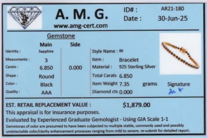 6.85 CTW Black Sapphire 18K Gold Plated Designer Bracelet 7.5 Inches | Estimated Retail Value: $1,879 (AMG) at PristineAuction.com 6.85 CTW Black Sapphire 18K Gold Plated Designer Bracelet 7.5 Inches | Estimated Retail Value: $1,879 (AMG) at PristineAuction.com
