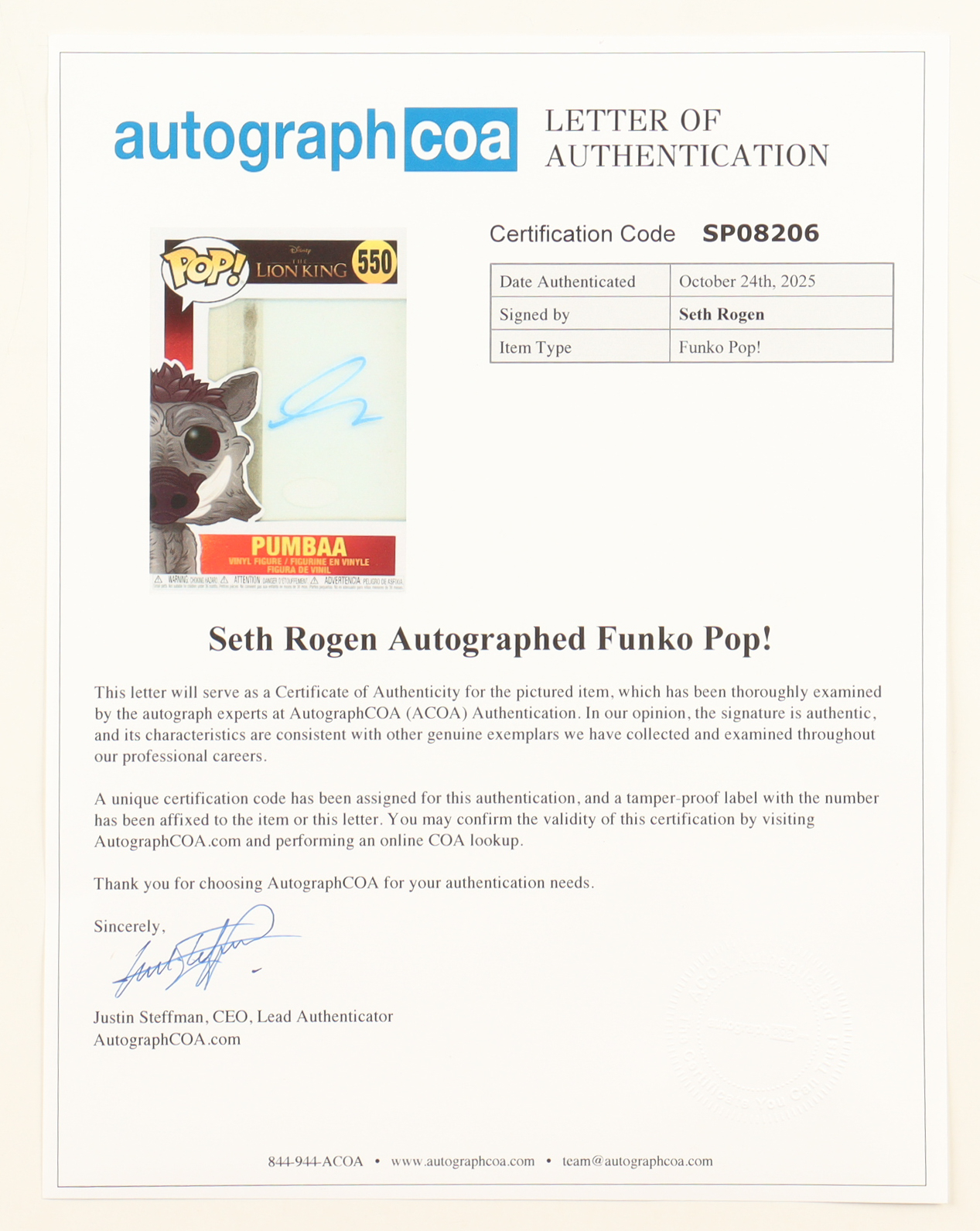 Seth Rogan Signed "Disney's The Lion King" Pumbaa #550 Funko Pop! Vinyl Figure (ACOA) at PristineAuction.com Seth Rogan Signed "Disney's The Lion King" Pumbaa #550 Funko Pop! Vinyl Figure (ACOA) at PristineAuction.com