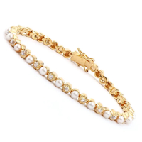 8.08 CTW Pearl & Diamonds 18K Gold Plated Designer Bracelet Size 7.6 Inches | Estimated Retail Value: $2,199 (AMG) at PristineAuction.com