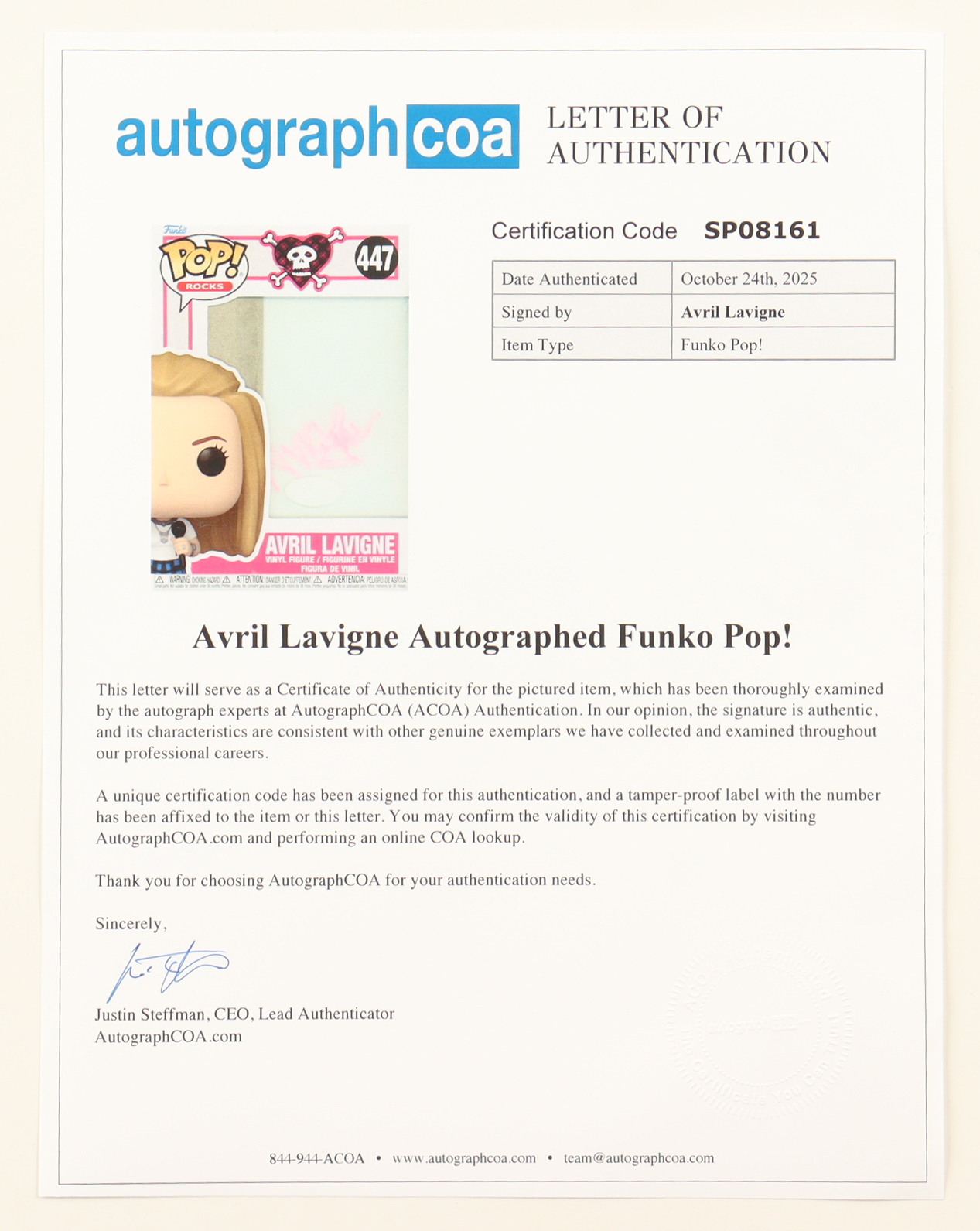 Avril Lavigne Signed "Avril" #447 Avril Lavigne Funko Pop! Rocks Vinyl Figure (ACOA) at PristineAuction.com Avril Lavigne Signed "Avril" #447 Avril Lavigne Funko Pop! Rocks Vinyl Figure (ACOA) at PristineAuction.com