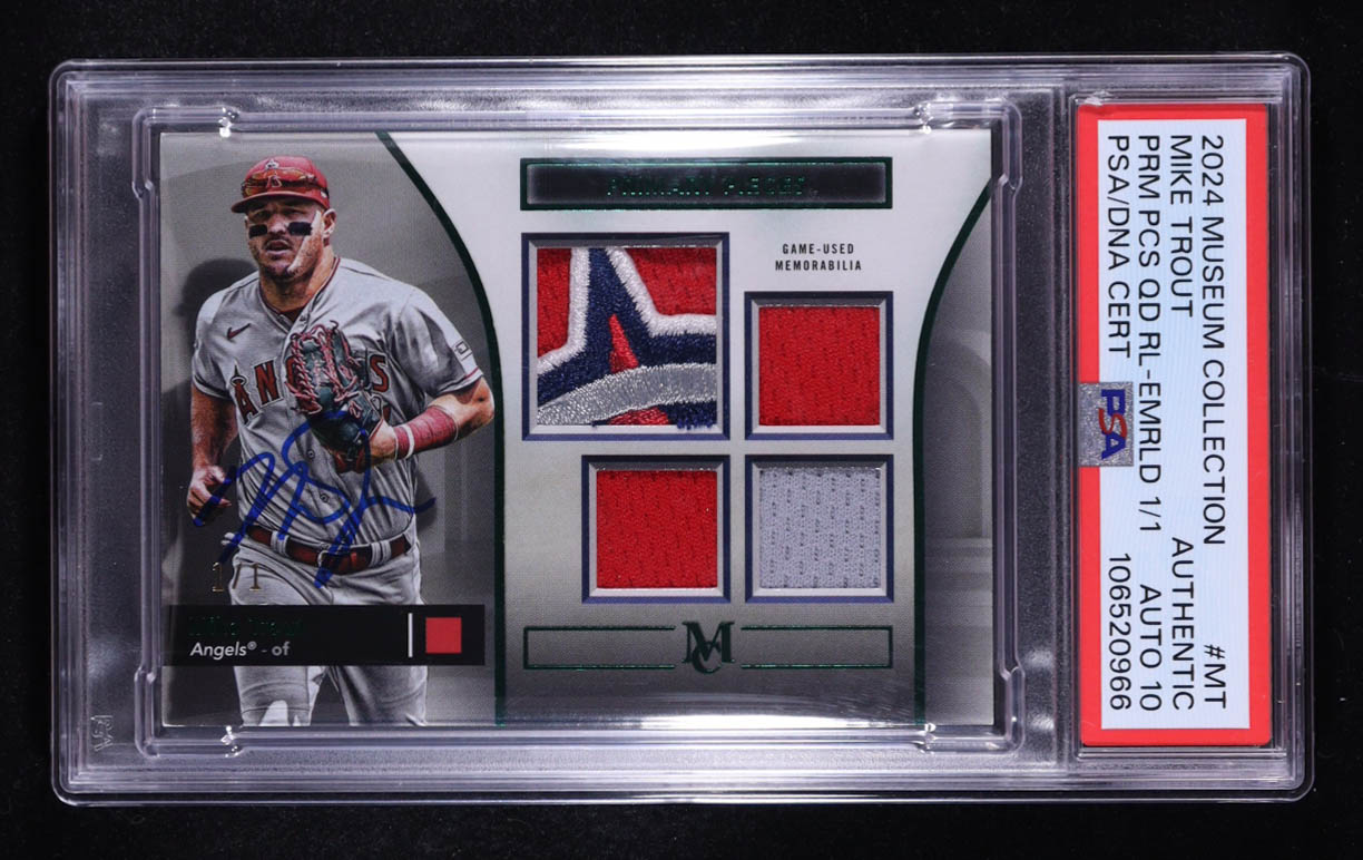 Mike Trout Signed 2024 Topps Museum Collection Primary Pieces Quad Relics Emerald #SPPQMT #1/1 (PSA Authentic | Auto 10) at PristineAuction.com Mike Trout Signed 2024 Topps Museum Collection Primary Pieces Quad Relics Emerald #SPPQMT #1/1 (PSA Authentic | Auto 10) at PristineAuction.com