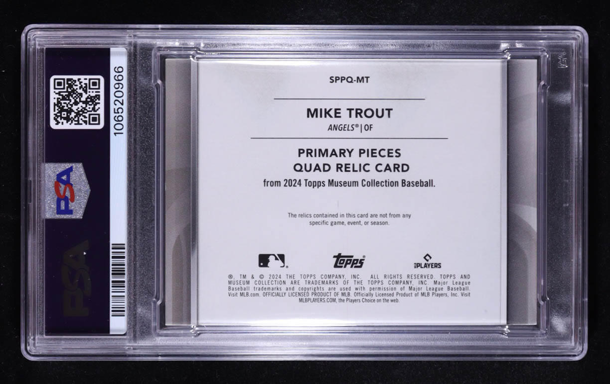 Mike Trout Signed 2024 Topps Museum Collection Primary Pieces Quad Relics Emerald #SPPQMT #1/1 (PSA Authentic | Auto 10) at PristineAuction.com Mike Trout Signed 2024 Topps Museum Collection Primary Pieces Quad Relics Emerald #SPPQMT #1/1 (PSA Authentic | Auto 10) at PristineAuction.com