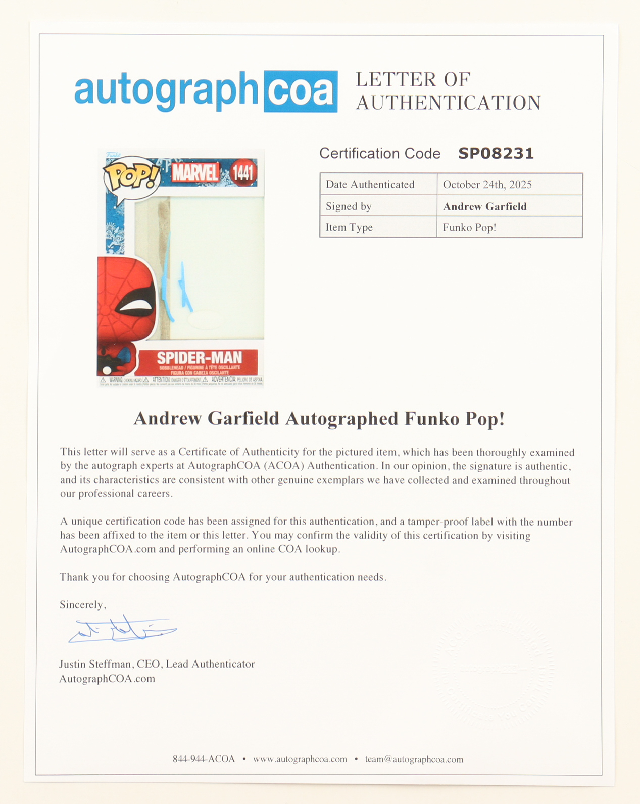 Andrew Garfield Signed "Marvel" #1441 Spider-Man Bobble-Head Funko Pop! Vinyl Figure (ACOA) at PristineAuction.com Andrew Garfield Signed "Marvel" #1441 Spider-Man Bobble-Head Funko Pop! Vinyl Figure (ACOA) at PristineAuction.com