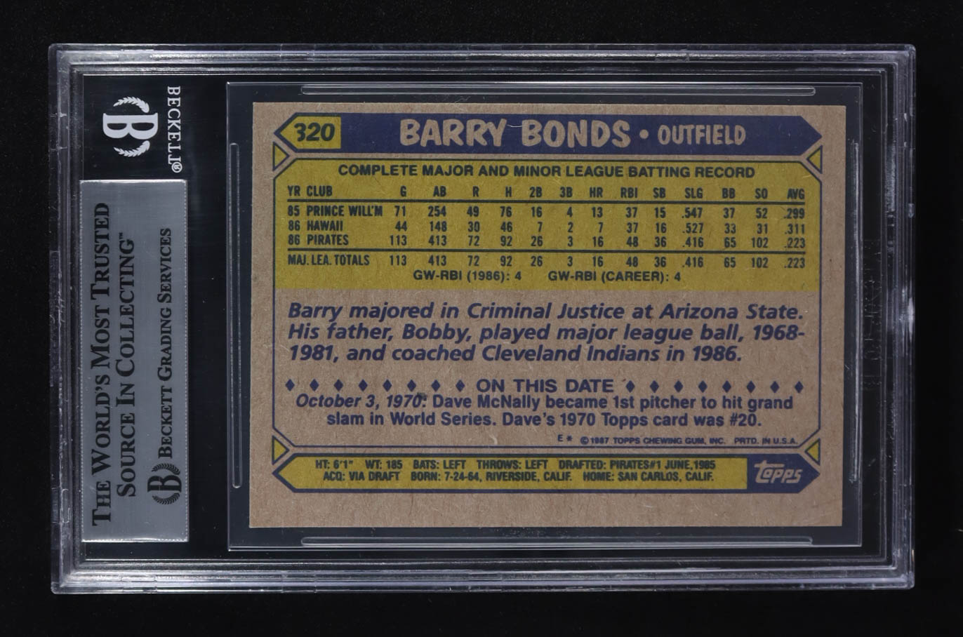 Barry Bonds 1987 Topps #320 RC (BGS 7) at PristineAuction.com Barry Bonds 1987 Topps #320 RC (BGS 7) at PristineAuction.com