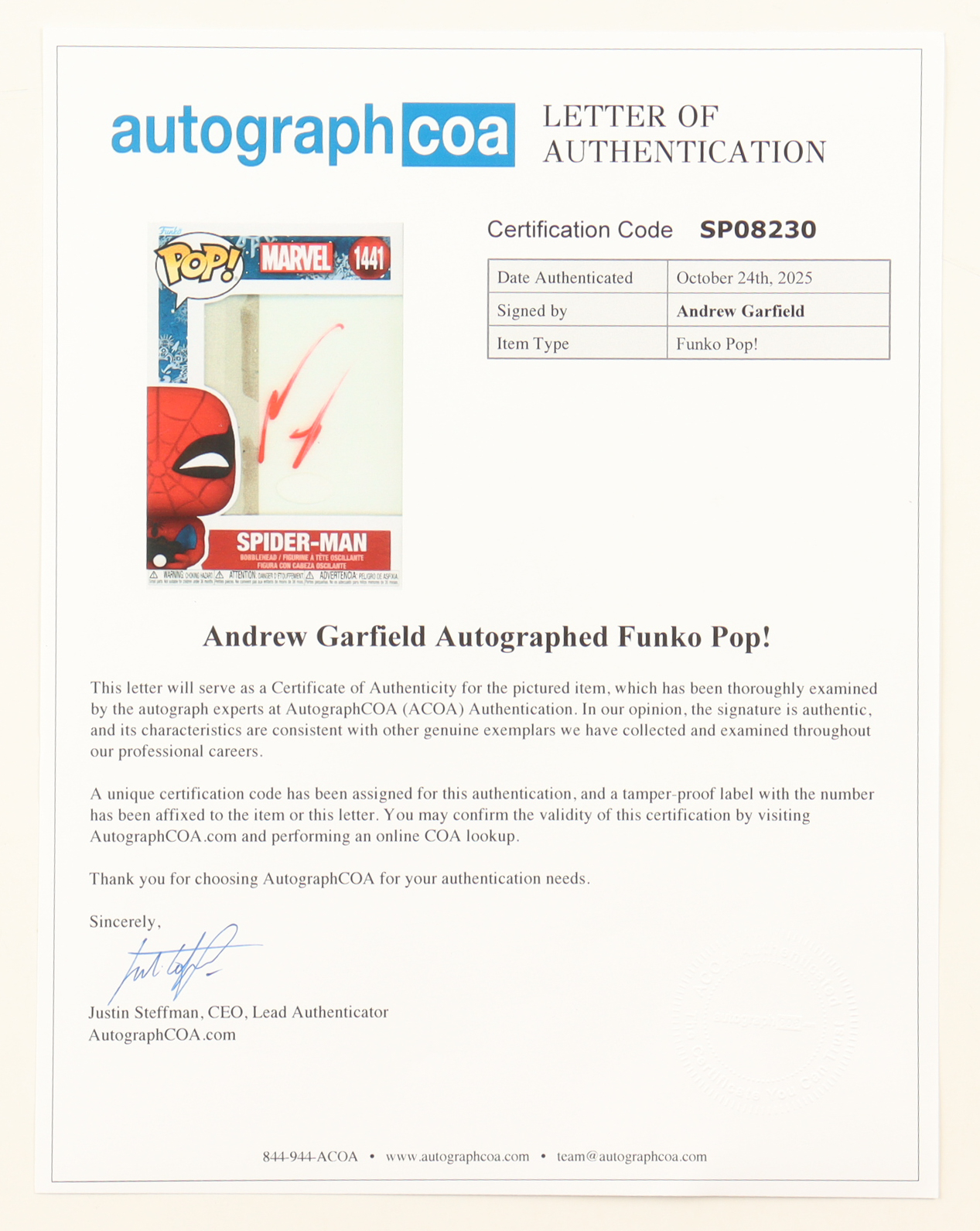 Andrew Garfield Signed "Marvel" #1441 Spider-Man Bobble-Head Funko Pop! Vinyl Figure (ACOA) at PristineAuction.com Andrew Garfield Signed "Marvel" #1441 Spider-Man Bobble-Head Funko Pop! Vinyl Figure (ACOA) at PristineAuction.com