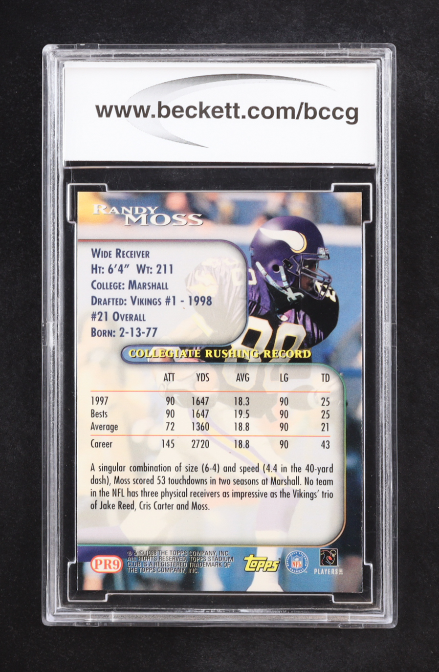 Randy Moss 1998 Stadium Club Prime Rookies #PR9 RC (BCCG 10) at PristineAuction.com Randy Moss 1998 Stadium Club Prime Rookies #PR9 RC (BCCG 10) at PristineAuction.com
