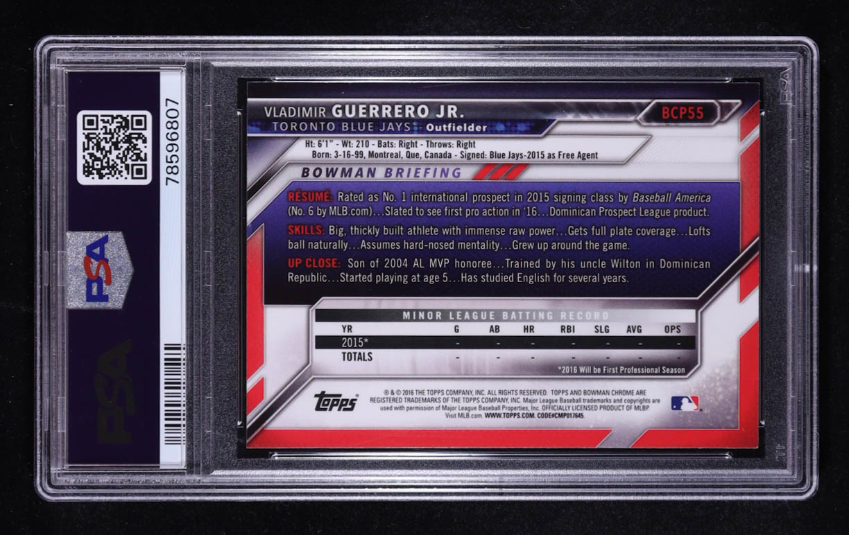 Vladimir Guerrero Jr. Signed 2016 Bowman Chrome Prospects #BCP55 RC (PSA Authentic | Auto 10) at PristineAuction.com Vladimir Guerrero Jr. Signed 2016 Bowman Chrome Prospects #BCP55 RC (PSA Authentic | Auto 10) at PristineAuction.com
