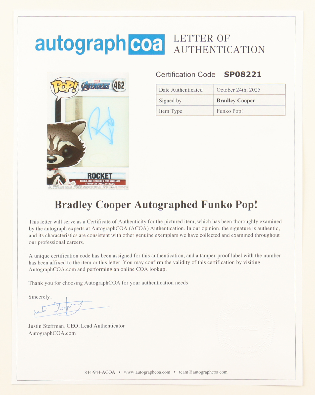 Bradley Cooper Signed "Avengers" #462 Rocket Funko Pop! Vinyl Figure (ACOA) at PristineAuction.com Bradley Cooper Signed "Avengers" #462 Rocket Funko Pop! Vinyl Figure (ACOA) at PristineAuction.com
