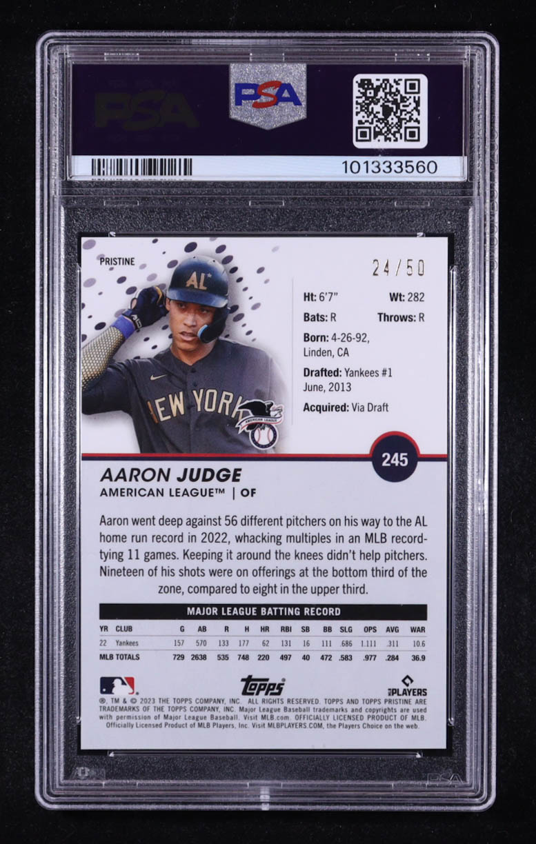 Aaron Judge 2023 Topps Pristine Gold Pristine Refractors #245 #24/50 (PSA 10) at PristineAuction.com Aaron Judge 2023 Topps Pristine Gold Pristine Refractors #245 #24/50 (PSA 10) at PristineAuction.com
