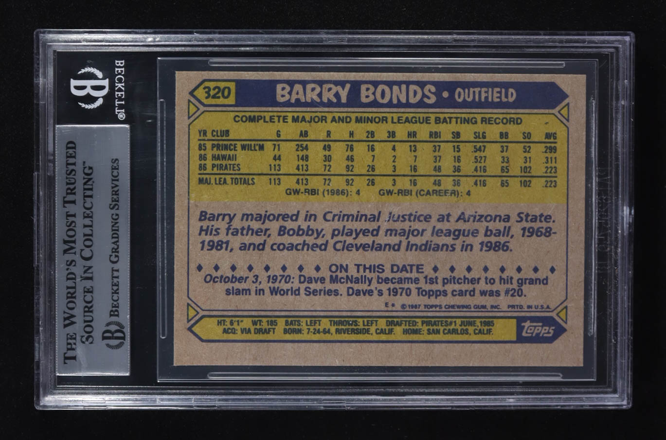 Barry Bonds 1987 Topps #320 RC (BGS 7.5) at PristineAuction.com Barry Bonds 1987 Topps #320 RC (BGS 7.5) at PristineAuction.com
